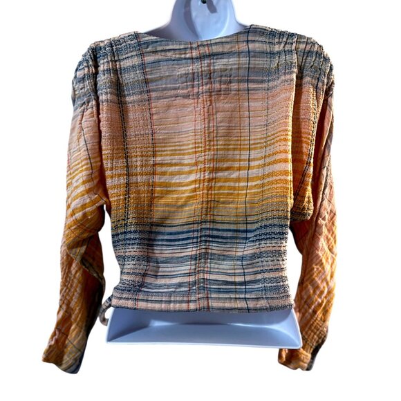 Free Free Ombre Plaid Wrap Cropped Blouse Shirt Top Long Sleeve Tie Waist Womens - Picture 2 of 5